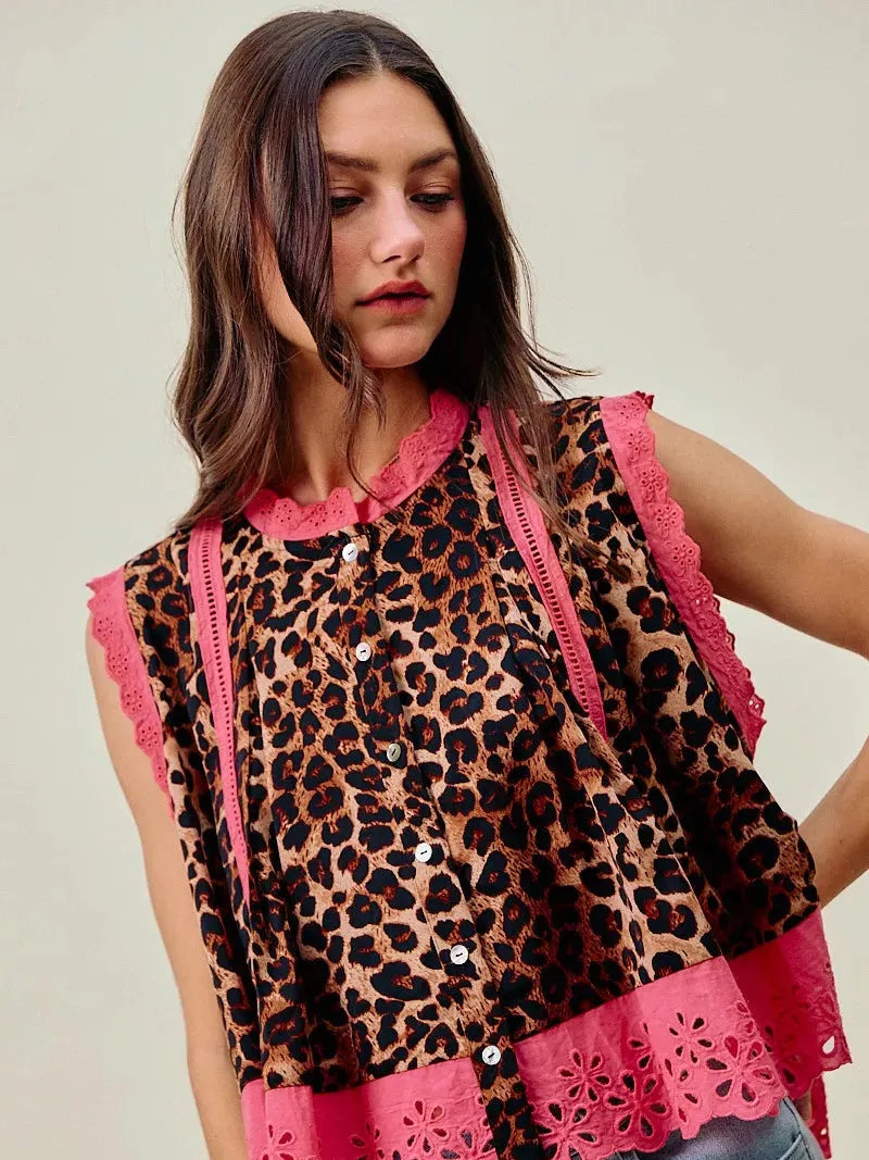 So Me Wild at Heart Leopard Print Button up Sleeveless Blouse-Women's Shirts & Tops-Shop Z & Joxa
