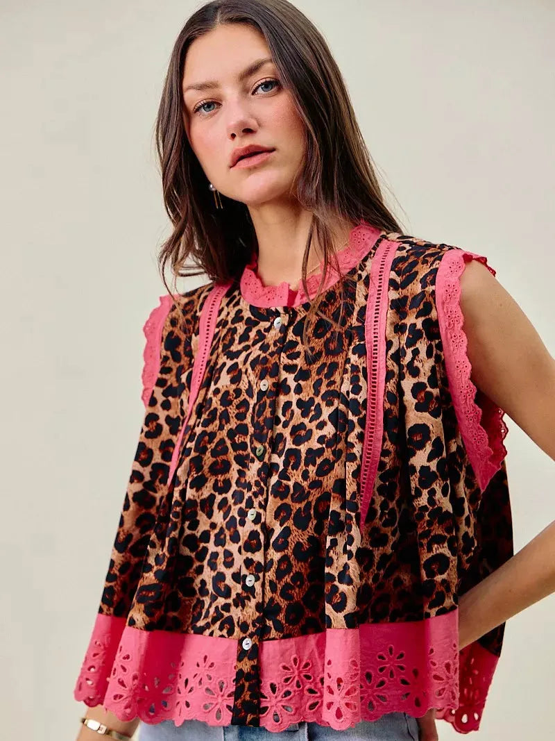 So Me Wild at Heart Leopard Print Button up Sleeveless Blouse-Women's Shirts & Tops-Shop Z & Joxa