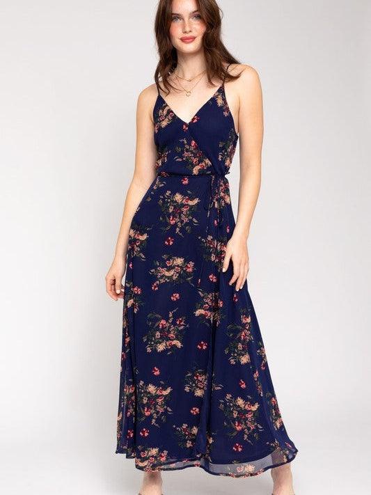 Soft Navy Floral Wrap Maxi Dress-Women's Clothing-Shop Z & Joxa