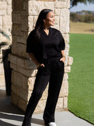 Soft Spot Butter Soft V-Neck Short Sleeve Top in Black-Ladies Tops-Shop Z & Joxa