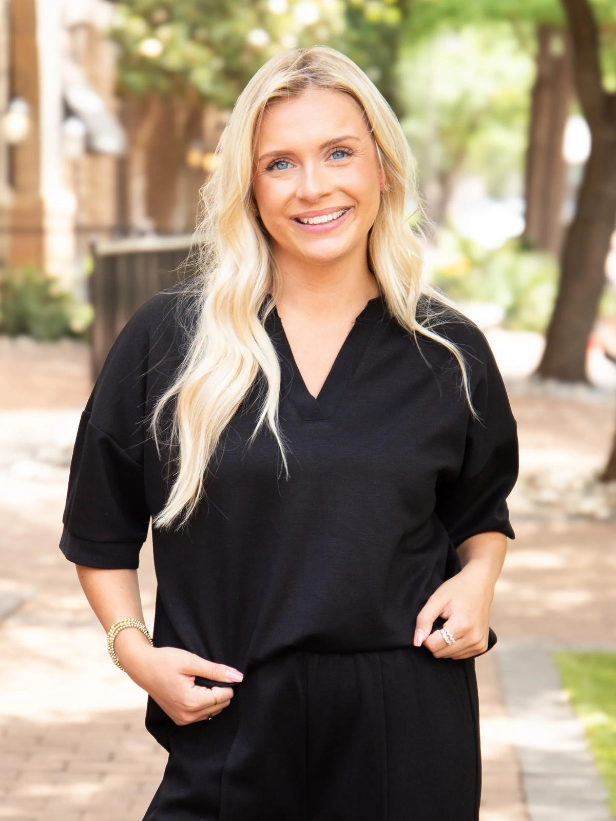 Soft Spot Butter Soft V-Neck Short Sleeve Top in Black-Ladies Tops-Shop Z & Joxa
