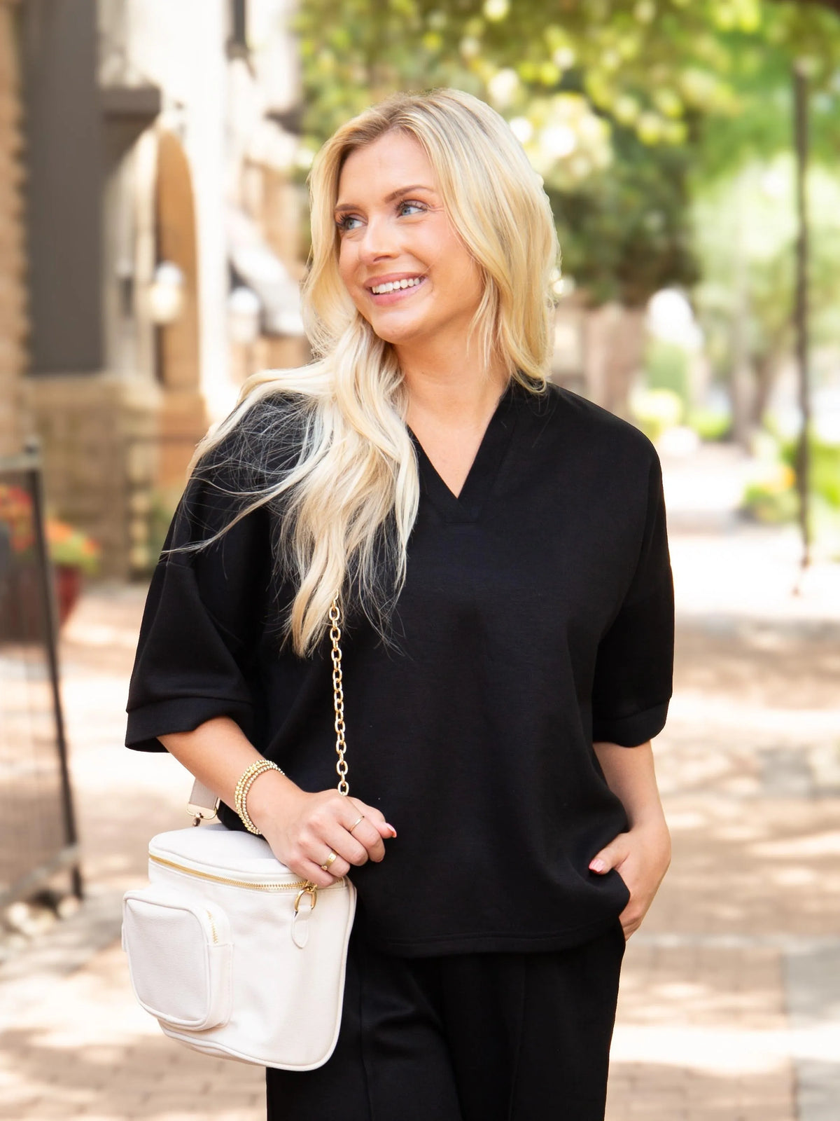 Soft Spot Butter Soft V-Neck Short Sleeve Top in Black-Ladies Tops-Shop Z & Joxa