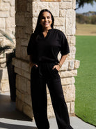 Soft Spot Butter Soft V-Neck Short Sleeve Top in Black-Ladies Tops-Shop Z & Joxa