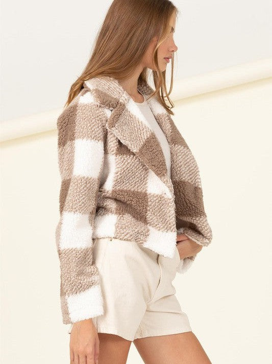 Soft Toffee Collared Fuzzy Plaid Cropped Shacket-Women's Clothing-Shop Z & Joxa