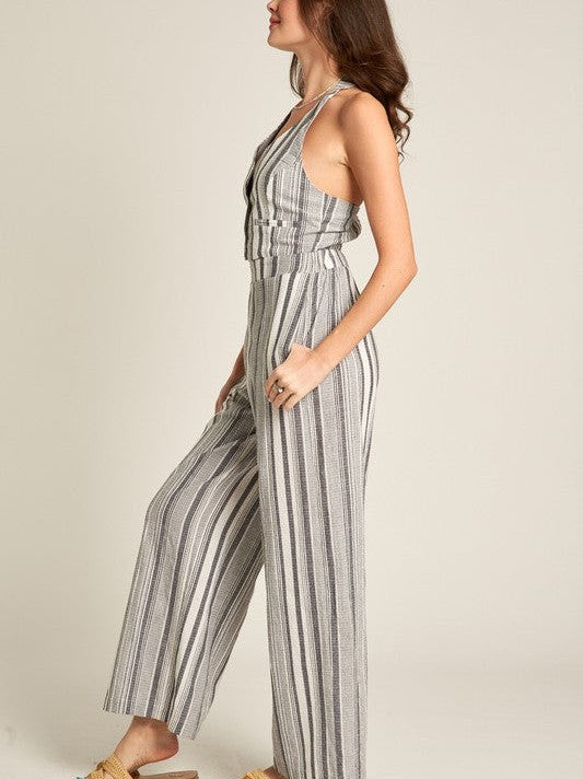 Some Girls Daydream Halter Striped Jumpsuit in Gray-Women's Clothing-Shop Z & Joxa