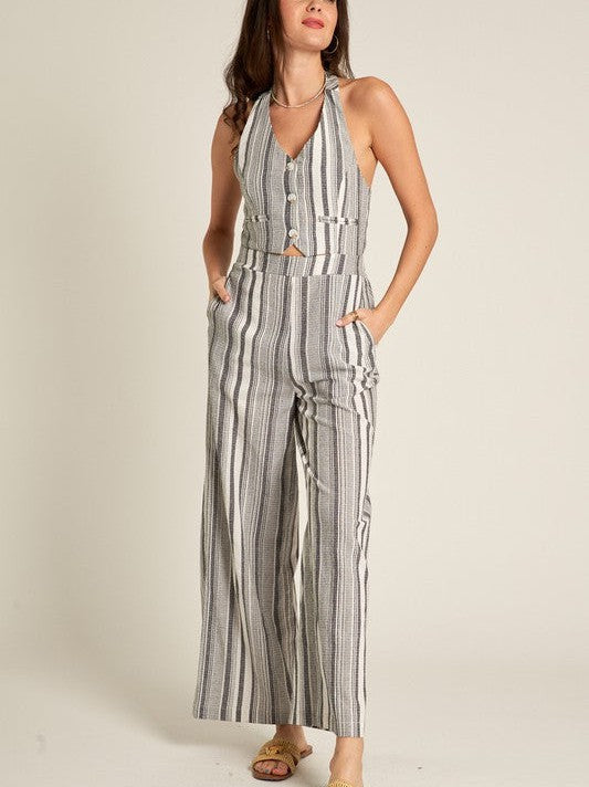 Some Girls Daydream Halter Striped Jumpsuit in Gray-Women's Jumpsuits-Shop Z & Joxa