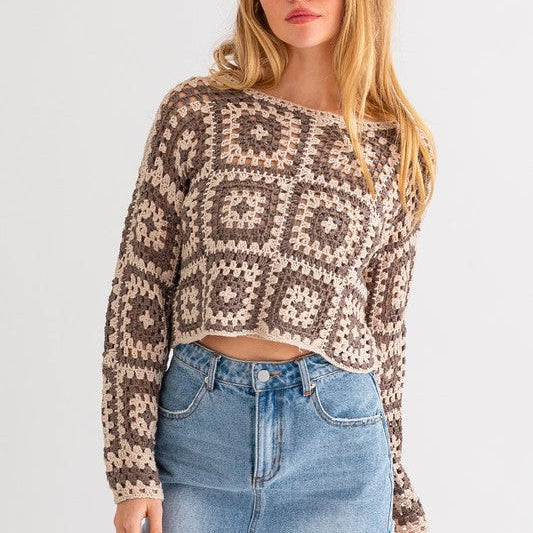 Squared Style Long Sleever Crochet Sweater Top