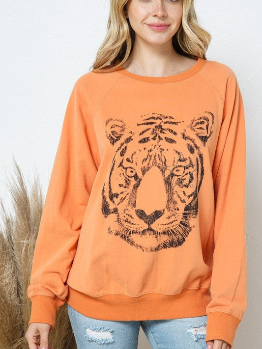 Star Studded Graphic Tiger French Terry Sweatshirt-Women's Clothing-Shop Z & Joxa