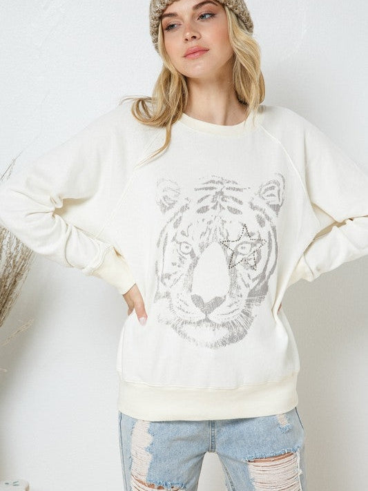 Star Studded Graphic Tiger French Terry Sweatshirt-Women's Clothing-Shop Z & Joxa