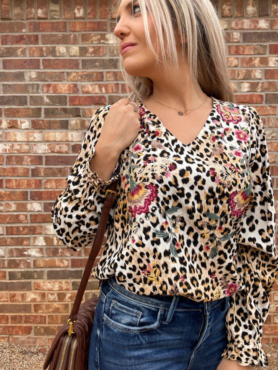 Stay Wild Leopard Floral Embroidery Top-Women's Clothing-Shop Z & Joxa