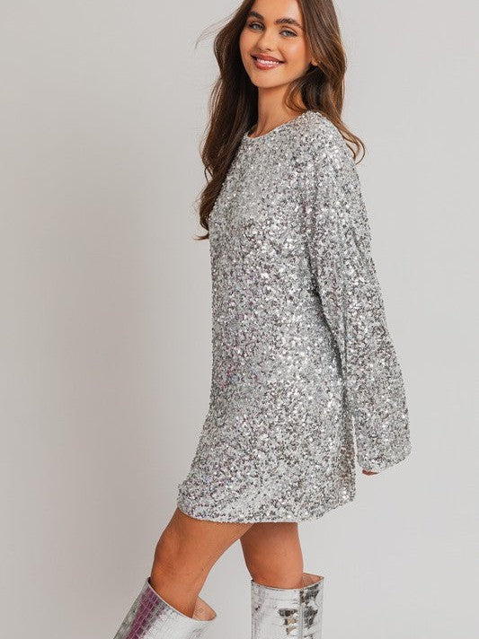 Steal the Spot Light Long Sleeve Sequin Mini Dress-Women's Clothing-Shop Z & Joxa