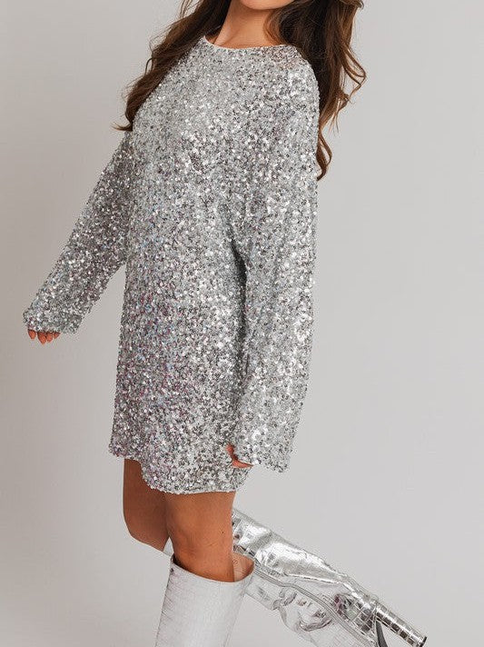Steal the Spot Light Long Sleeve Sequin Mini Dress-Women's Clothing-Shop Z & Joxa