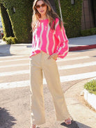 Strike me Pink Striped Drop Shoulder Sweater-Women's Clothing-Shop Z & Joxa