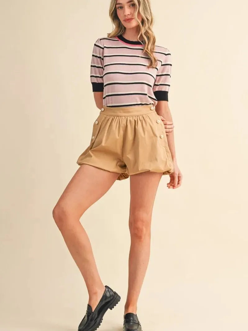 Stripe It Up Pink & Black Short Sleeve Knit Sweater Top-Women's Shirts & Tops-Shop Z & Joxa
