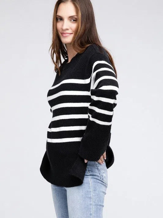 Stripes Done Right Oversized Ribbed Hem Striped Sweater-Women's Clothing-Shop Z & Joxa