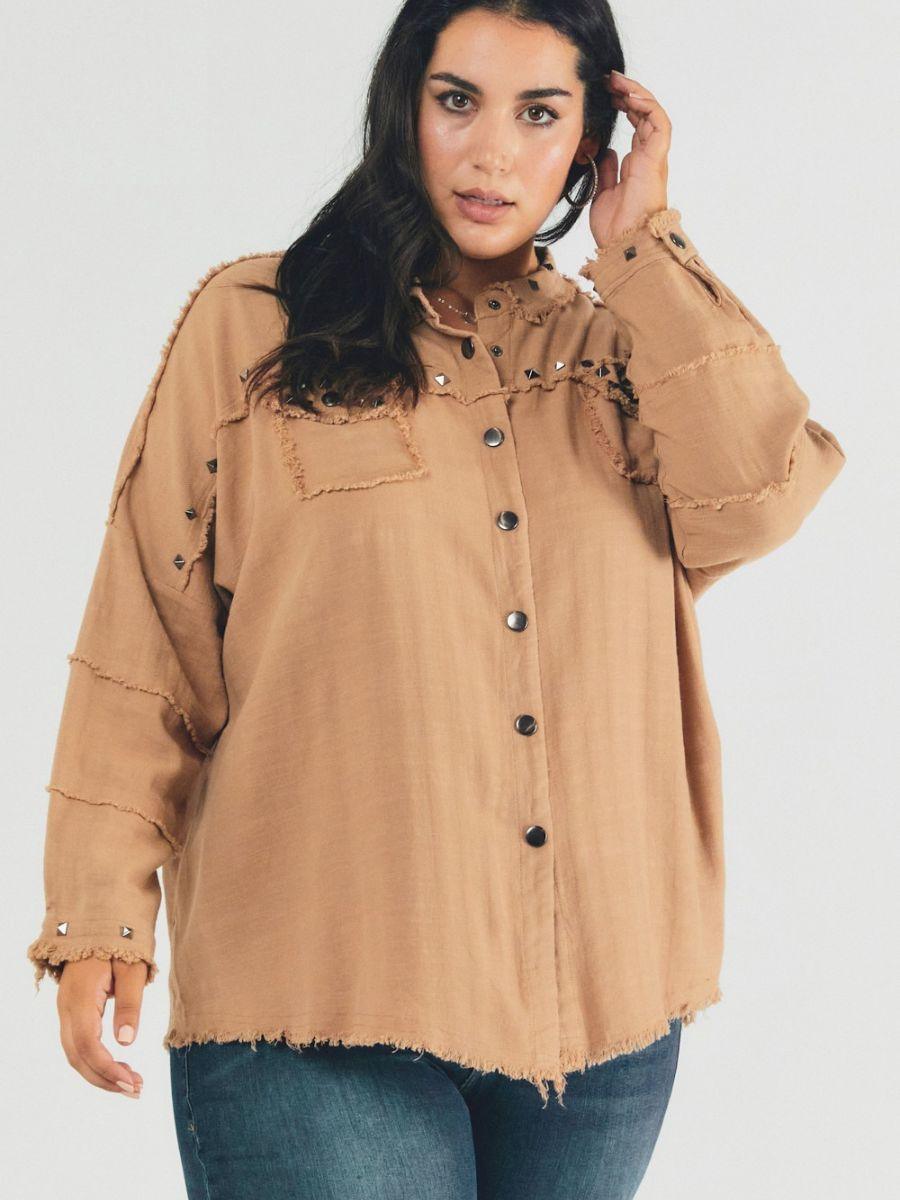 Studded Oversized Plus Button Shirt with Frayed Edges-Women's Clothing-Shop Z & Joxa