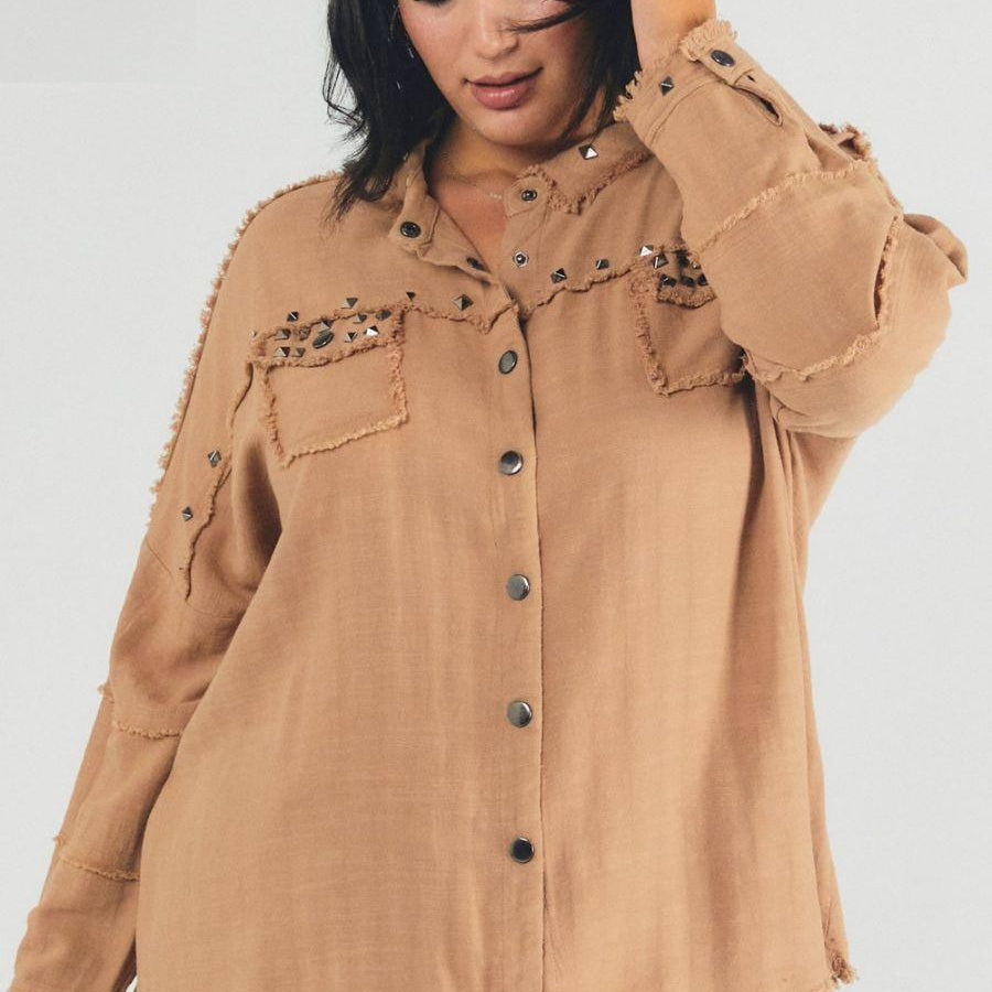 Studded Oversized Plus Button Shirt with Frayed Edges-Women's Clothing-Shop Z & Joxa