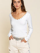 Style Loaded Long Sleeve V-Neck Top with Stud Detail-Women's Clothing-Shop Z & Joxa