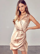 Stylish Addition Collared Wrap Champagne Satin Mini Dress-Women's Dresses-Shop Z & Joxa