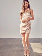 Stylish Addition Collared Wrap Champagne Satin Mini Dress-Women's Dresses-Shop Z & Joxa