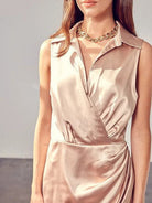 Stylish Addition Collared Wrap Champagne Satin Mini Dress-Women's Dresses-Shop Z & Joxa