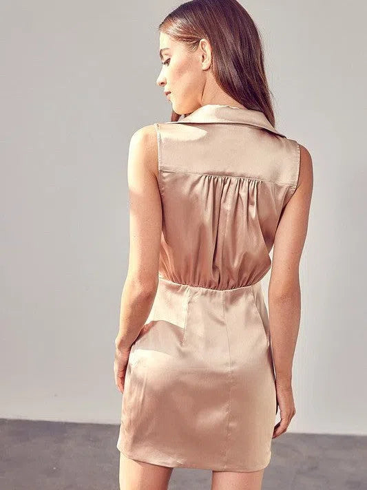 Stylish Addition Collared Wrap Champagne Satin Mini Dress-Women's Dresses-Shop Z & Joxa