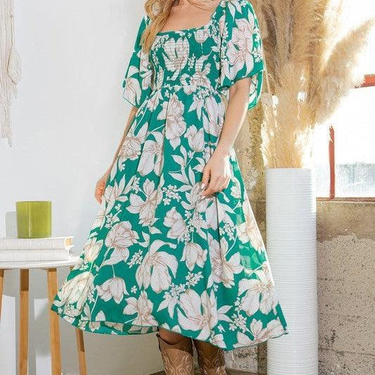 Summer Floral Print Midi Dress with Flutter Sleeves-Women's Clothing-Shop Z & Joxa