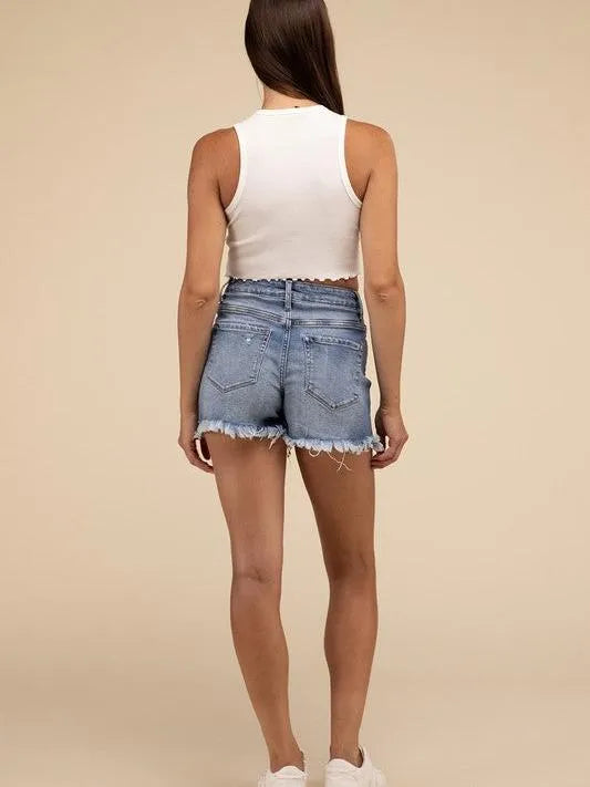 Summer Fun Mid Rise Raw Fringe Hem Denim Shorts-Women's Jeans-Shop Z & Joxa