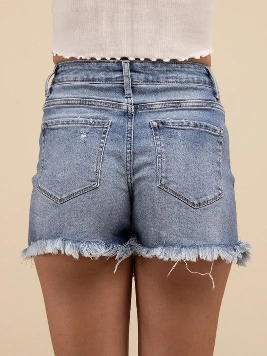 Summer Fun Mid Rise Raw Fringe Hem Denim Shorts-Women's Jeans-Shop Z & Joxa