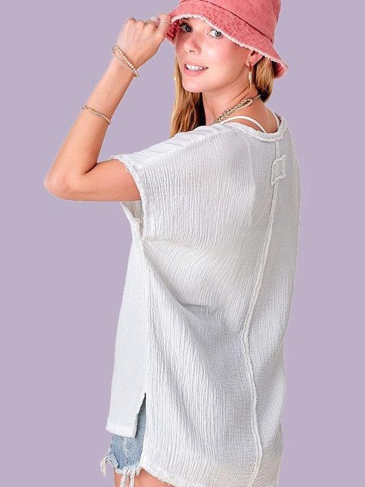 Summer Splash V-neck Oversized Cotton Gauze Shirt-Women's Clothing-Shop Z & Joxa