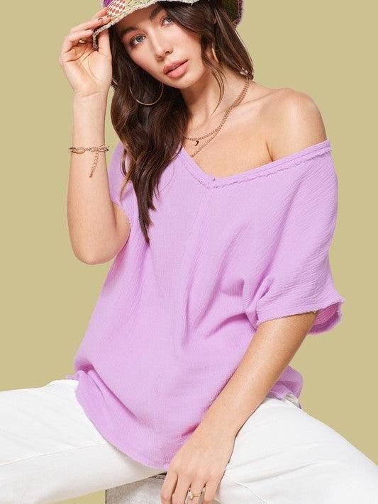 Summer Splash V-neck Oversized Cotton Gauze Shirt-Women's Clothing-Shop Z & Joxa