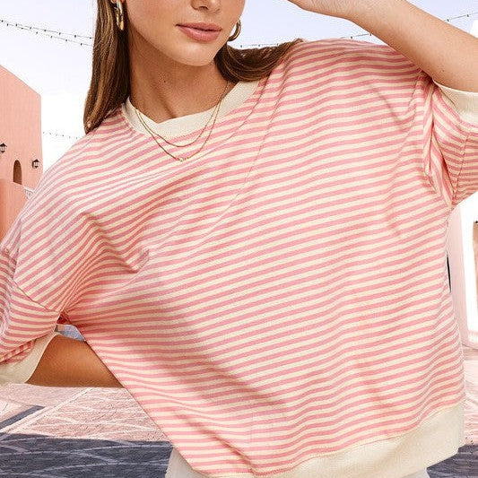 Sunday Style Everyday Oversized Striped Short Sleeve Top-Women's Clothing-Shop Z & Joxa