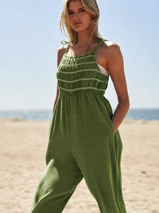 Sunkissed and Smiling Smocked Detail Tie Straps Jumpsuit-Women's Clothing-Shop Z & Joxa