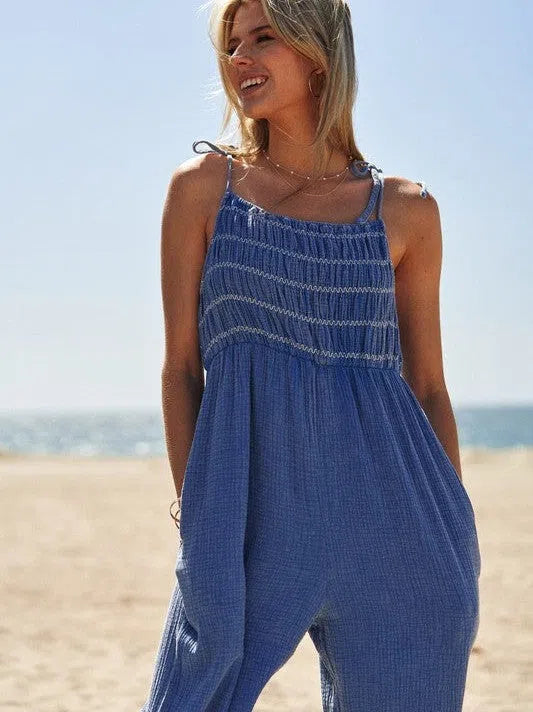 Sunkissed and Smiling Smocked Detail Tie Straps Jumpsuit-Women's Clothing-Shop Z & Joxa