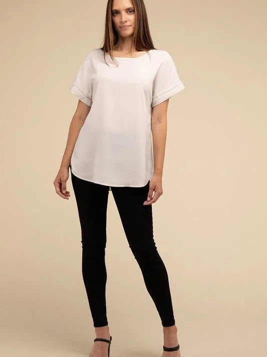 Sweet Basics Rolled Sleeve Boat Neck Top-Women's Clothing-Shop Z & Joxa