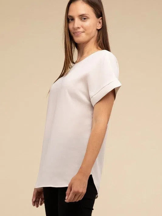 Sweet Basics Rolled Sleeve Boat Neck Top-Women's Clothing-Shop Z & Joxa