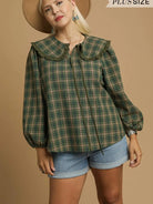Sweet Ruffle Days Green Plaid Long Sleeve Blouse by Umgee-Women's Shirts & Tops-Shop Z & Joxa