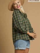 Sweet Ruffle Days Green Plaid Long Sleeve Blouse by Umgee-Women's Shirts & Tops-Shop Z & Joxa