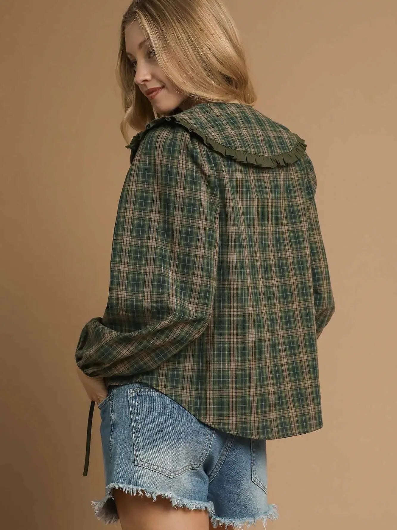 Sweet Ruffle Days Green Plaid Long Sleeve Blouse by Umgee-Women's Shirts & Tops-Shop Z & Joxa
