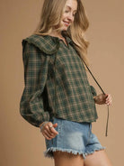 Sweet Ruffle Days Green Plaid Long Sleeve Blouse by Umgee-Women's Shirts & Tops-Shop Z & Joxa