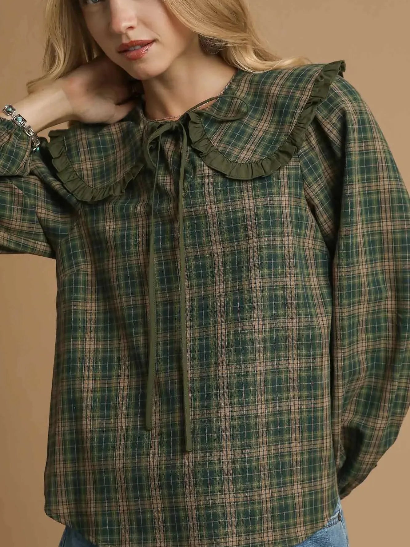 Sweet Ruffle Days Green Plaid Long Sleeve Blouse by Umgee-Women's Shirts & Tops-Shop Z & Joxa