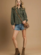 Sweet Ruffle Days Green Plaid Long Sleeve Blouse by Umgee-Women's Shirts & Tops-Shop Z & Joxa