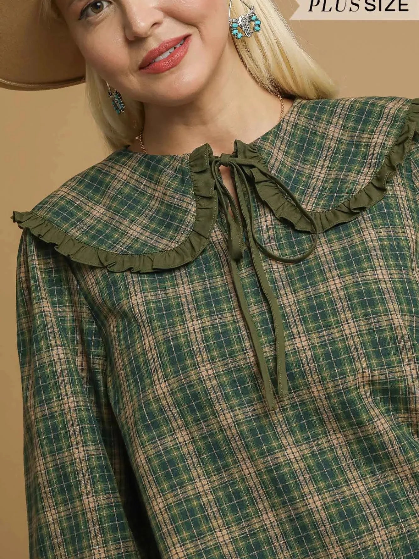 Sweet Ruffle Days Green Plaid Long Sleeve Blouse by Umgee-Women's Shirts & Tops-Shop Z & Joxa