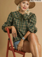 Sweet Ruffle Days Green Plaid Long Sleeve Blouse by Umgee-Women's Shirts & Tops-Shop Z & Joxa