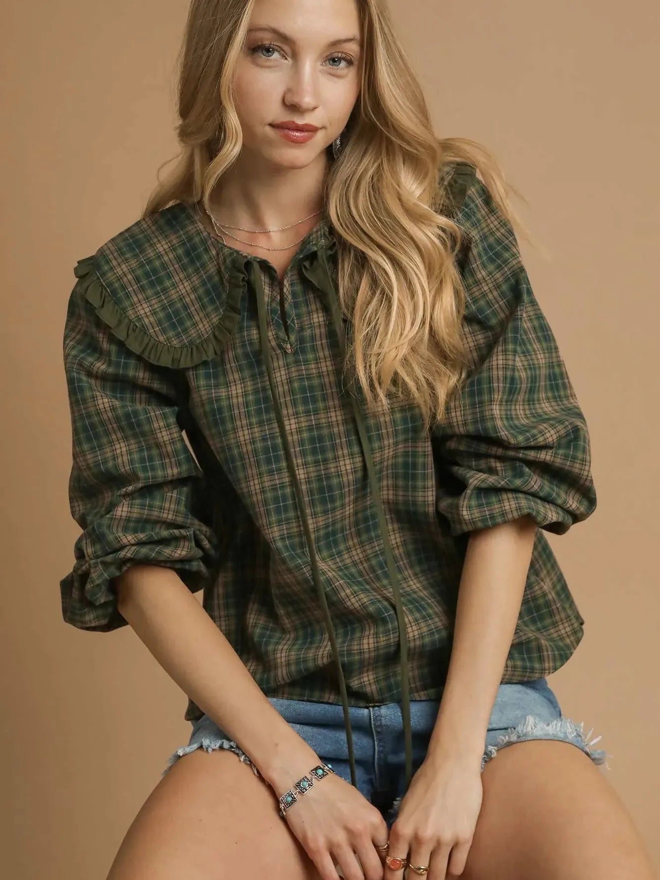 Sweet Ruffle Days Green Plaid Long Sleeve Blouse by Umgee-Women's Shirts & Tops-Shop Z & Joxa