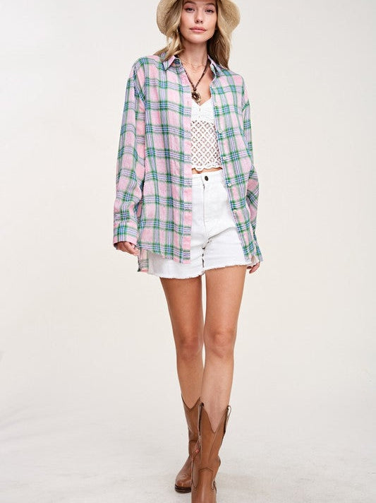 Sweet as Candy Long Sleeve Button Down Plaid Shirt-Women's Clothing-Shop Z & Joxa