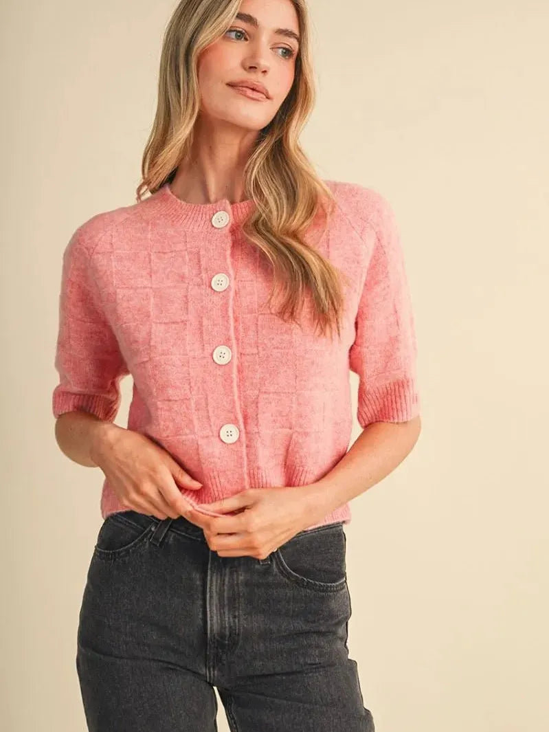 Sweet on You Pink Basket Weave Short Sleeve Cardigan-Women's Shirts & Tops-Shop Z & Joxa