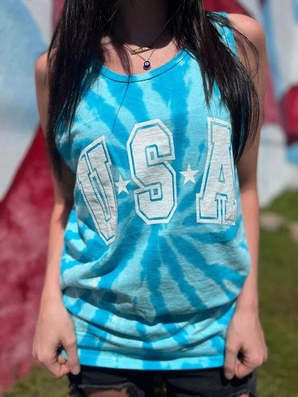 Tie Dye Aqua Blue USA Graphic Tank Top-Women's Clothing-Shop Z & Joxa