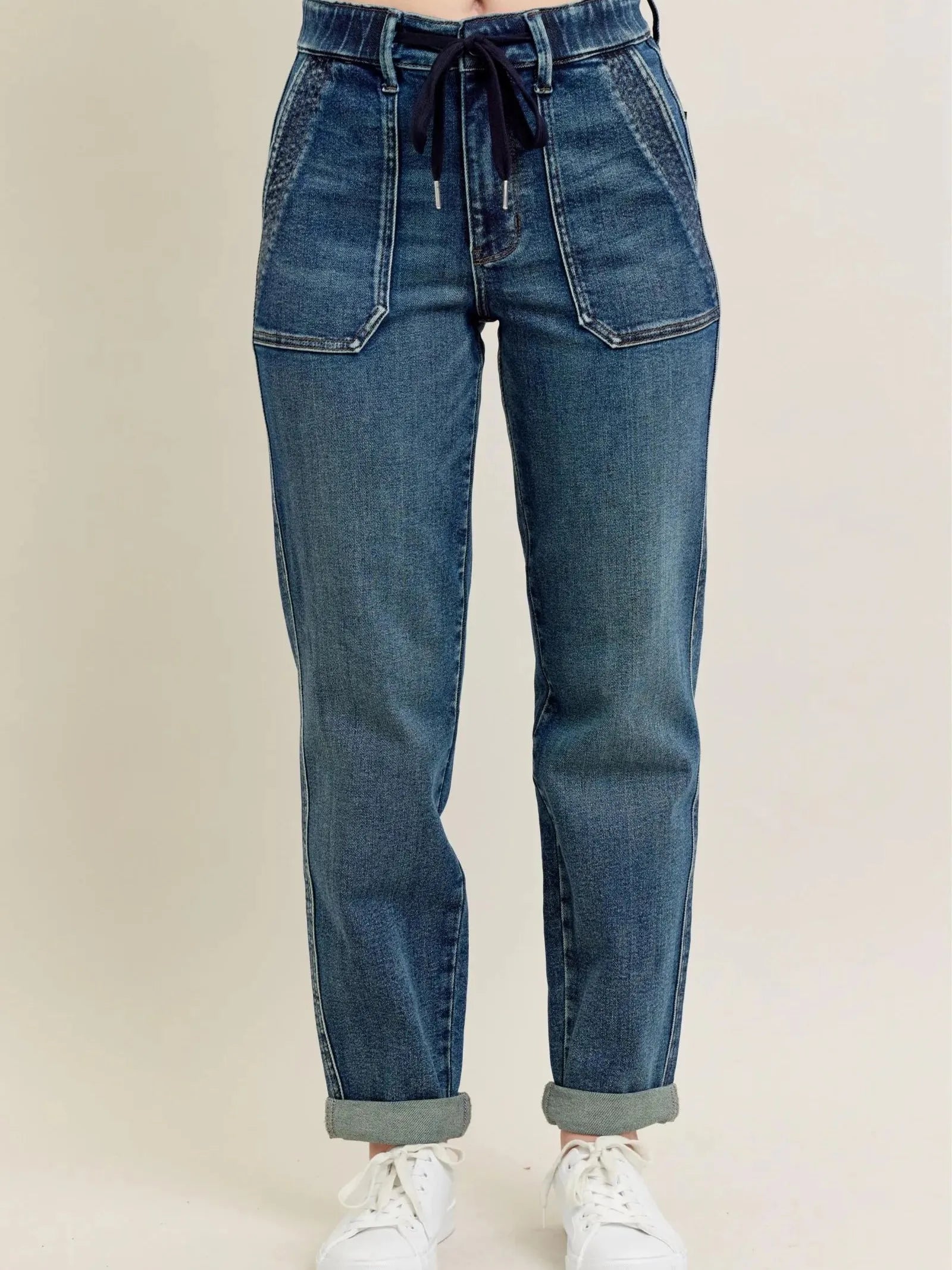 Tie It Up: Judy Blue Vintage Wash Drawstring Boyfriend Jeans-Women's Jeans-Shop Z & Joxa