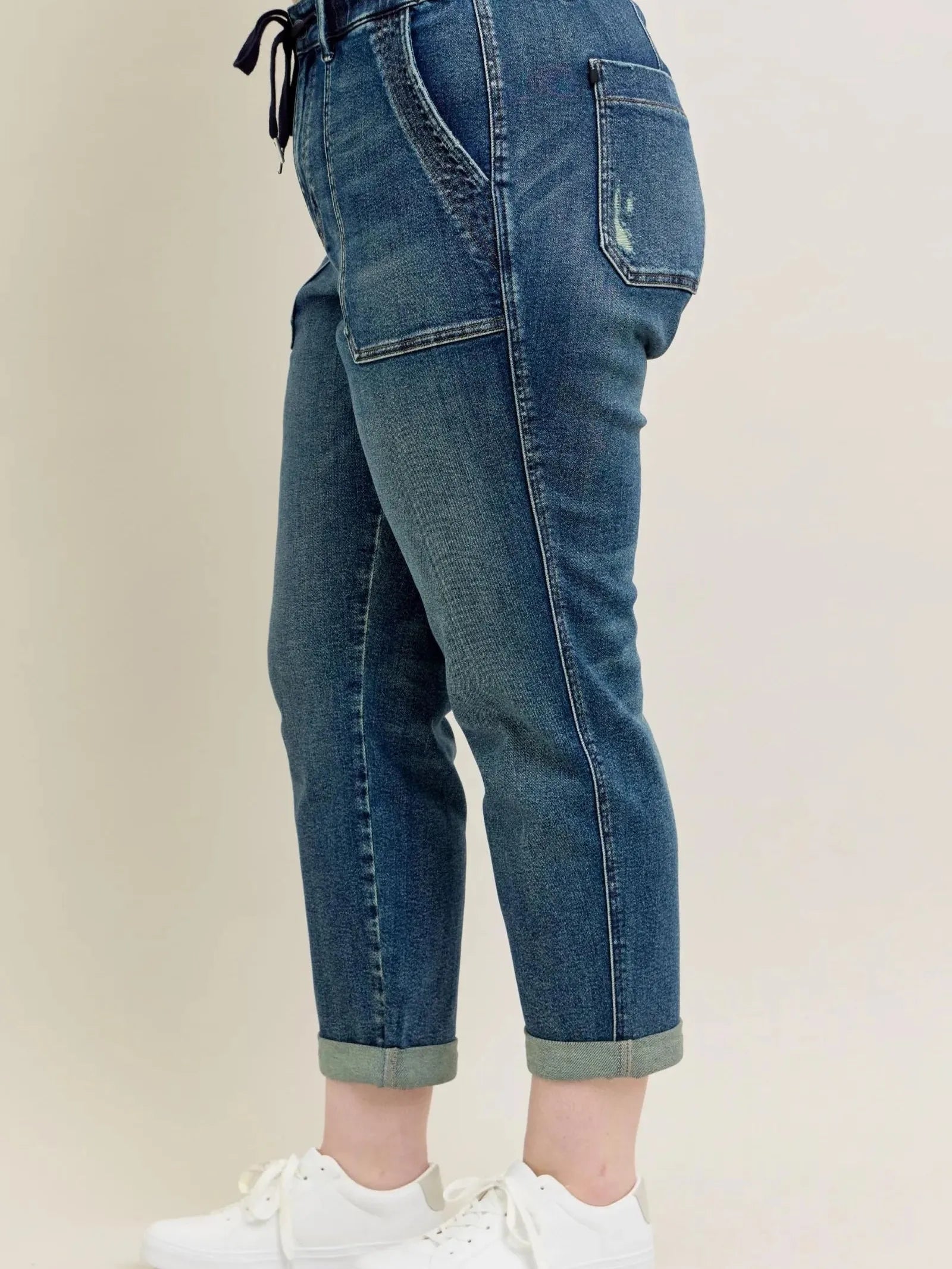 Tie It Up: Judy Blue Vintage Wash Drawstring Boyfriend Jeans-Women's Jeans-Shop Z & Joxa
